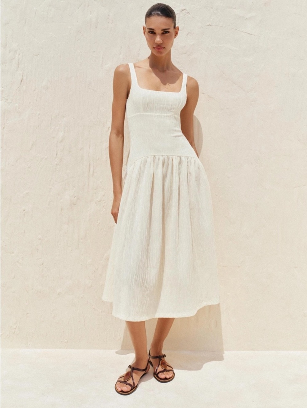 ZARA Cream Textured Midi Dress, Fit & Flare. S NWT